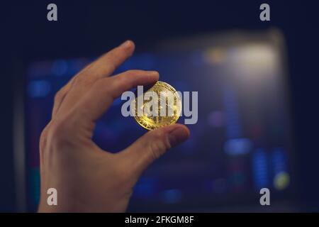 A man holds a gold bitcoin coin in his hand. The graphs of changes in cryptocurrency rates are shown on the laptop monitor Stock Photo