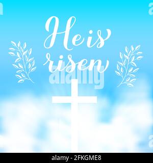 He is risen modern calligraphy hand lettering against the sky. Christian Quote typography poster. Easy to edit vector template for Easter greeting car Stock Vector