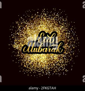 Eid Mubarak calligraphy hand lettering on gold glitter texture background. Islamic traditional vector illustration. Easy to edit template for banner, Stock Vector