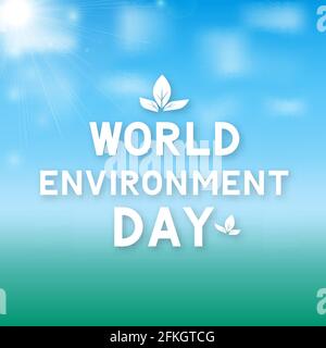 World Environment Day lettering with leaves on green blue gradient background. Ecology concept typography poster. Easy to edit vector template for log Stock Vector
