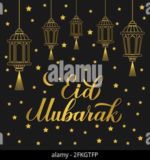 Eid Mubarak gold calligraphy hand lettering with lanterns and stars on black background. Muslim holy month poster. Islamic traditional vector illustra Stock Vector