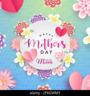 Happy Mother's Day, I love you mom beautiful realistic flowers poster banner vector, floral Greeting card wishes wallpaper background Stock Vector