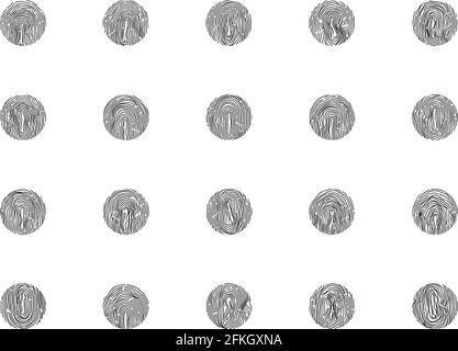 Vector finger prints. Set of 20 fingerprint icons isolated on write. Biometric technology for person identity. Security access authorization system. E Stock Vector