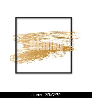 Gold brush stroke with sparkles in black square frame isolated on white. Modern abstract background. Metallic gradient paint texture. Creative vector Stock Vector
