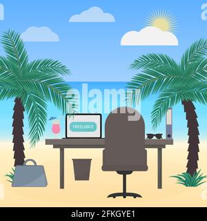 Freelance work vector illustration in flat style. Laptop and glass of cocktail on the deck. Workplace of freelancer. Working under palm trees on tropi Stock Vector