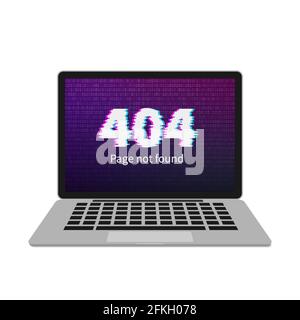 404 error on laptop screen with glitch effect. Page not found. Binary code wallpaper. Distorted writing. Vector illustration. Easy to edit template fo Stock Vector