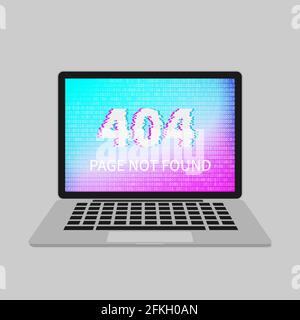 404 error on laptop screen with glitch effect. Page not found. Binary code wallpaper. Distorted writing. Bright vector illustration. Easy to edit temp Stock Vector