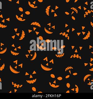 Halloween seamless pattern with scary pumpkin faces on black background. Easy to edit vector template for greeting card, banner, poster, party invitat Stock Vector
