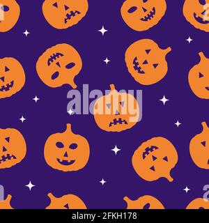 Halloween seamless pattern with cute cartoon pumpkin on purple background. Easy to edit vector template for greeting card, banner, poster, party invit Stock Vector