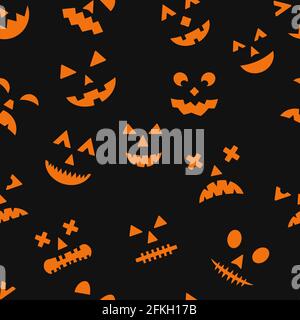 Halloween seamless pattern with scary pumpkin faces on black background. Easy to edit vector template for greeting card, banner, poster, party invitat Stock Vector