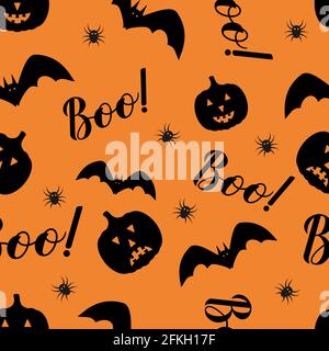 Halloween seamless pattern with cute cartoon pumpkins, bats and lettering Boo. Easy to edit vector template for greeting card, banner, poster, party i Stock Vector