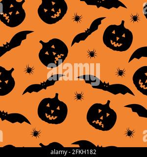 Halloween seamless pattern with cute cartoon pumpkins and bats. Easy to edit vector template for greeting card, banner, poster, party invitation, fabr Stock Vector