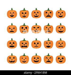 Halloween Pumpkins Faces icon set. Cute cartoon Jack-o -Lantern s isolated on white. Halloween party decorations. Easy to edit vector template. Stock Vector