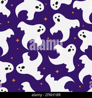 Halloween seamless pattern with cute cartoon ghosts on purple background. Easy to edit vector template for greeting card, banner, poster, party invita Stock Vector
