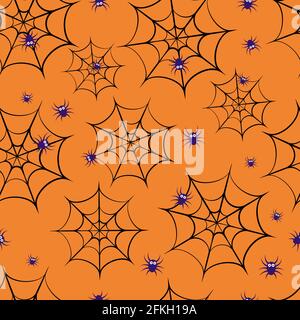 Halloween seamless pattern with cute cartoon spiders and web. Easy to edit vector template for greeting card, banner, poster, party invitation, fabric Stock Vector