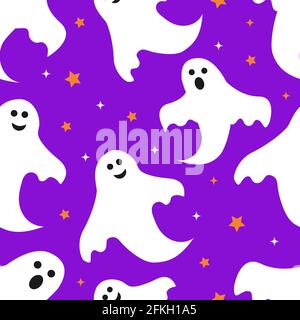Halloween seamless pattern with cute cartoon ghosts on purple background. Easy to edit vector template for greeting card, poster, banner, party invita Stock Vector