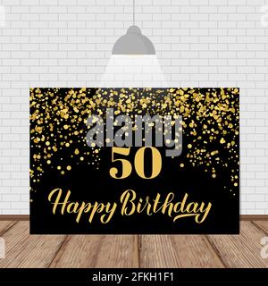 Happy 50th Birthday handwritten celebration banner. Black and gold confetti birthday or anniversary party decorations. Easy to edit vector template fo Stock Vector