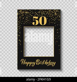 Happy 50th Birthday photo booth frame on a transparent ackground. Birthday party photobooth props. Black and gold confetti party decorations. Vector t Stock Vector