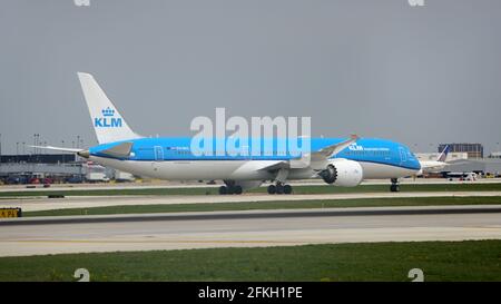 KLM Boeing 787-10 Dreamliner taxies to the terminal after landing at Chicago O'Hare International Airport. The plane is known as 'The Flying Dutchman' Stock Photo