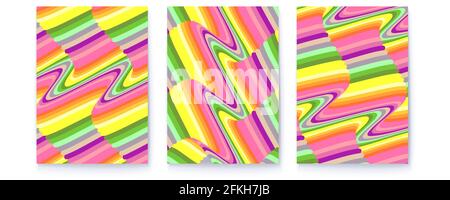 Set of abstract posters. Covers with psychedelic wavy patterns. Optical illusion from colorful lines. Vector 3d illustration. Stock Vector
