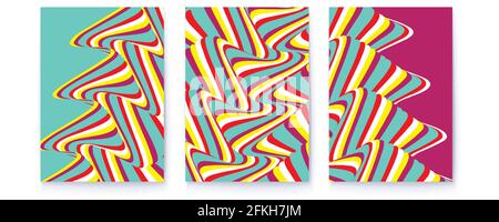 Psychedelic abstract posters. Set of covers with patterns from stripes. Optical illusion from colorful narrow lines. Vector 3d illustration Stock Vector