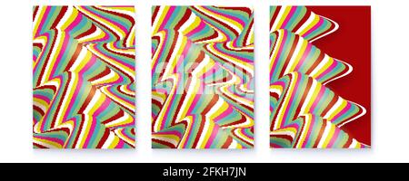Set of psychedelic posters. Pattern from colorful stripes. Optical illusion from narrow lines. Vector 3d illustration Stock Vector