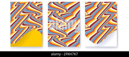 Set of psychedelic abstract posters. Pattern from stripes. Optical illusion from colorful narrow lines. Vector 3d illustration Stock Vector