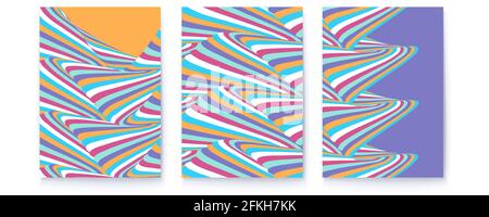 Psychedelic abstract pattern on colorful background. Set of covers with patterns from stripes.  Stock Vector