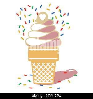 Swirly soft ice cream cone with colored sprinkles the cone reversed out of a dark background with a few sprinkles on the countertop Stock Vector