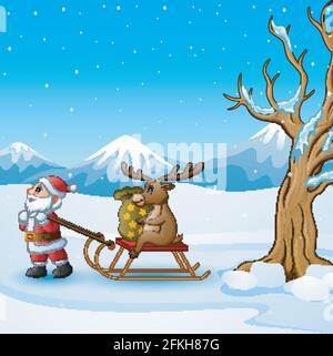 Vector illustration of Cartoon funny santa claus pulling reindeer on a sleigh with sack of gifts Stock Vector