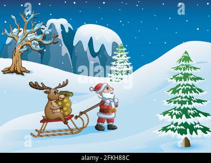 Vector illustration of Cartoon funny santa claus pulling reindeer on a sleigh with sack of gifts Stock Vector