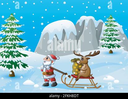 Vector illustration of Cartoon funny santa claus pulling reindeer on a sleigh with sack of gifts Stock Vector