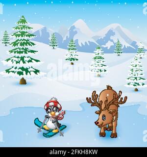 Vector illustration of Cute penguin skiing with deer in the snowing hill Stock Vector