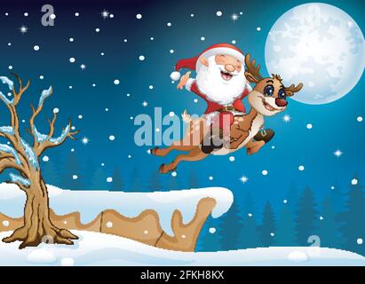 Vector illustration of Santa Claus riding his deer flying over hill Stock Vector