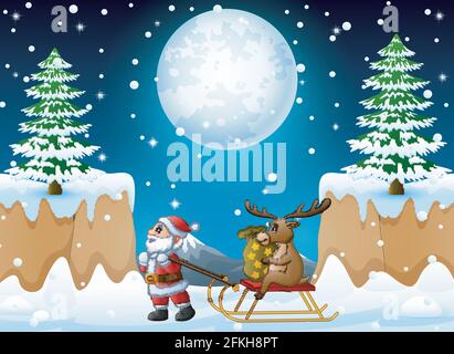 Vector illustration of Cartoon funny santa claus pulling reindeer on a sleigh with sack of gifts Stock Vector