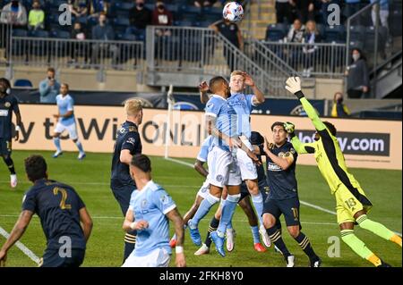 Chester, Pennsylvania, USA. 1st May, 2021. May 1, 2021, Chester PA- Philadelphia Union player, ANDRE BLAKE, (18) attempt to block the ball and save a goal by NYC FC during the match at Subaru Park Credit: Ricky Fitchett/ZUMA Wire/Alamy Live News Stock Photo