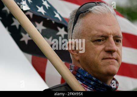 Salem, USA. 01st May, 2021. A rally for far-right conservative causes, gun rights and the Second Amendment, and Donald Trump, drew about 200-300 supporters, including a large contingent of Proud Boys, to Riverfront Park in Salem, Oregon, on May 1, 2021. (Photo by John Rudoff/Sipa USA) Credit: Sipa USA/Alamy Live News Stock Photo