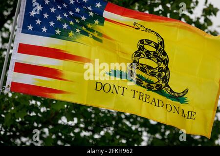 Salem, USA. 01st May, 2021. A rally for far-right conservative causes, gun rights and the Second Amendment, and Donald Trump, drew about 200-300 supporters, including a large contingent of Proud Boys, to Riverfront Park in Salem, Oregon, on May 1, 2021. (Photo by John Rudoff/Sipa USA) Credit: Sipa USA/Alamy Live News Stock Photo