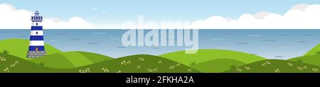 Horizontal banner with lighthouse on seascape. Stock Vector