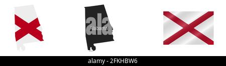 Alabama US state map with masked flag. Detailed silhouette. Waving flag. illustration isolated on white. Stock Photo