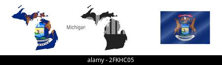 Michigan US state map with masked flag. Detailed silhouette. Waving flag. illustration isolated on white. Stock Photo