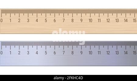 Wood and metal rulers. Measuring ruler 15 centimeters. 3D realistic illustration isolated on white background. Stock Photo
