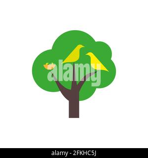 Birds family with nest icon. Green tree, nest with nestlings. Flat style illustration isolated on white background. Stock Photo
