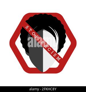 Stop racism prohibition sign. Black and white woman face. Forbidden hexagonal sign. illustration isolated on white. Stock Photo