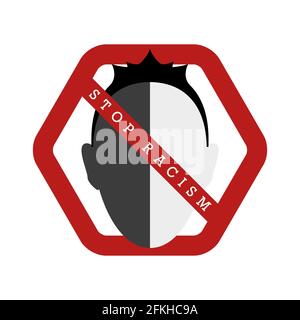 Stop racism prohibition sign. Black and white man face. Forbidden hexagonal sign. illustration isolated on white. Stock Photo
