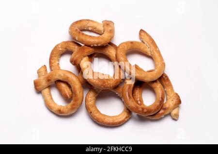 Salty pretzels isolated on white background. Directly above. Stock Photo