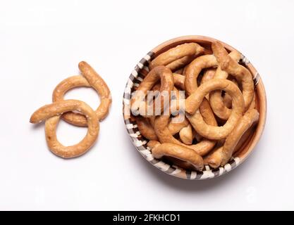 Salty pretzels isolated on white background. Directly above. Stock Photo