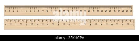 Realistic wood rulers 30 centimeters and 12 inches. 3D realistic illustration isolated on white background. Stock Photo