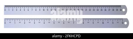 Realistic metal rulers 30 centimeters and 12 inches. 3D realistic illustration isolated on white background. Stock Photo