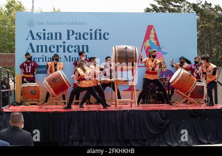 San Francisco, USA. 1st May, 2021. People attend the opening ceremony of Asian Pacific American Heritage Month in San Francisco, the United States, May 1, 2021. The Asian Pacific American Heritage Month of San Francisco which includes over 50 events kicked off here on Saturday. Credit: Li Jianguo/Xinhua/Alamy Live News Stock Photo